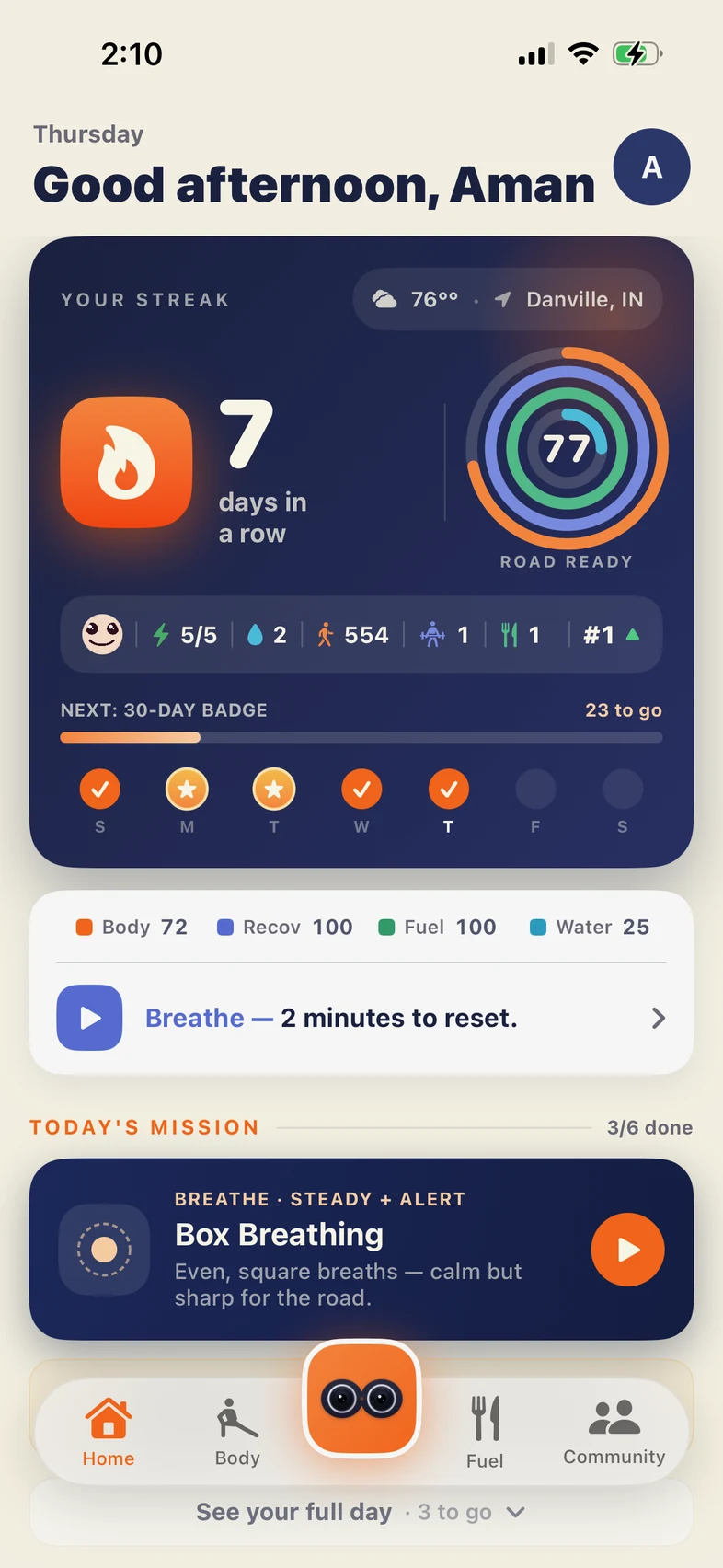 The Road Ready score on the app's home screen